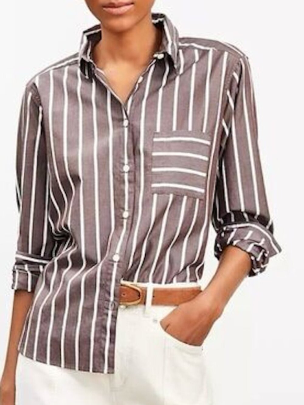 LOFT Brown & White Striped Cotton Button-Down Shirt